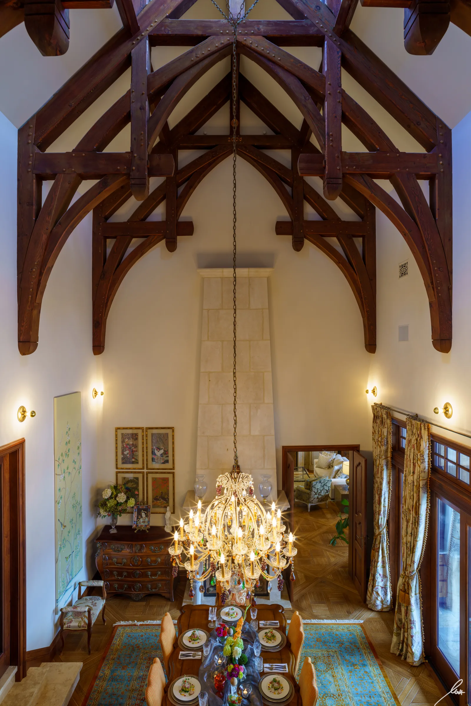 Cathedral dining room with hand-hewn Danish timber beams at Château Okanagan